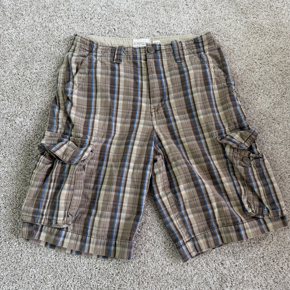 Aeropostale Y2K Cargo Shorts Mens 30 Brown Plaid Authentic Cargo 11.5 Inseam